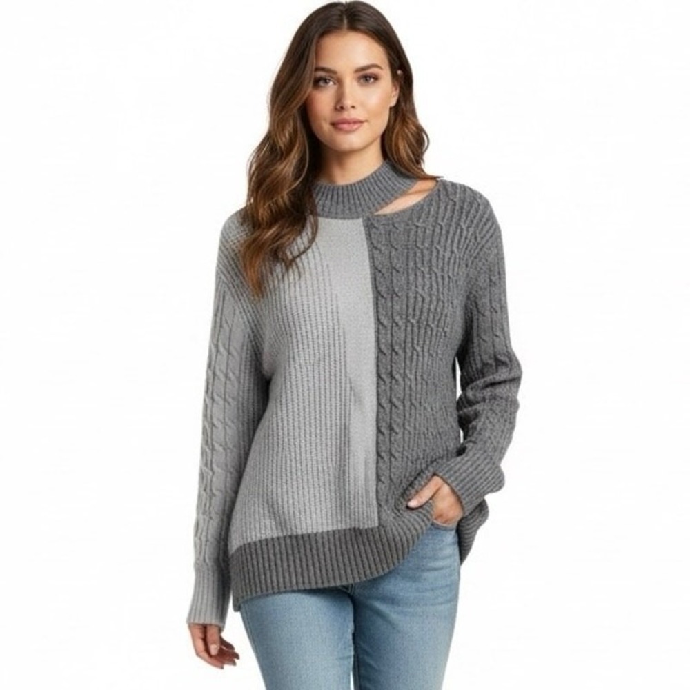 NWT Blue B Colorblock Cable Knit Sweater Grey Cutout Mock Neck Size M